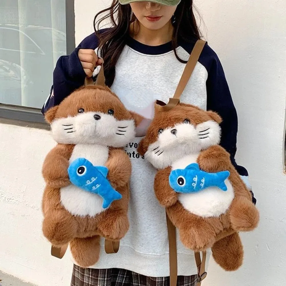 

Cute Adorable Otter Backpack Realistic Look Fluffy Simulation Animal Shoulder Bag Holding Fish Soft Student School Bag Shopping