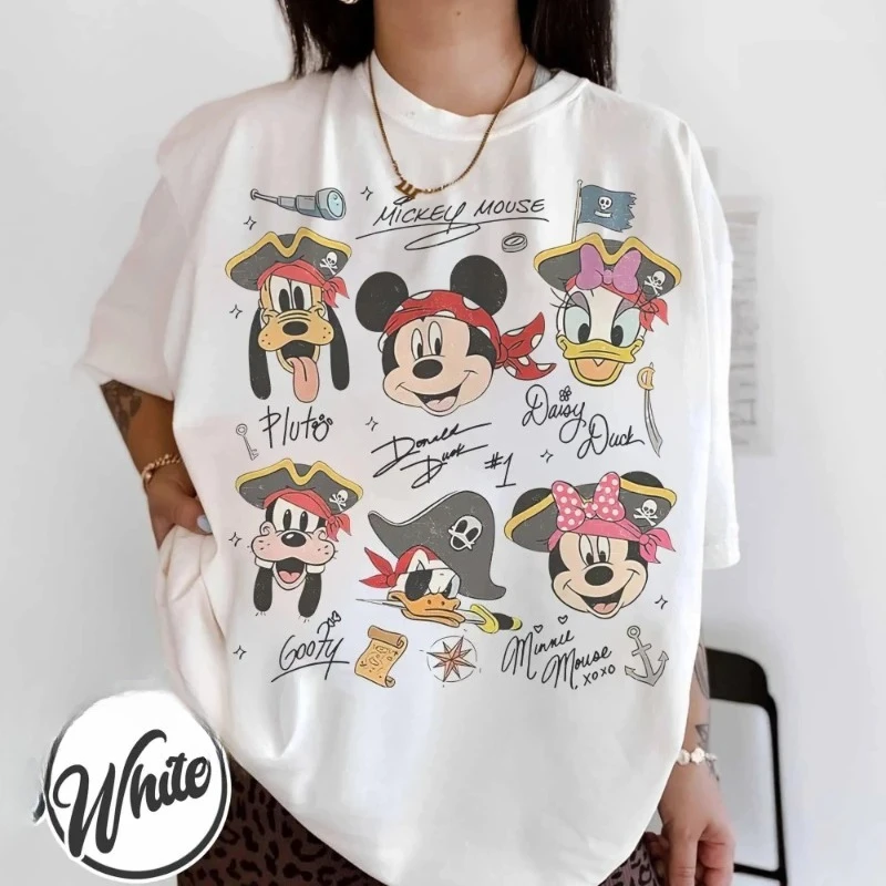 2025 ريترو القراصنة ميكي والأصدقاء تي شيرت للرجال والنساء المألوف عادية مستديرة الرقبة قصيرة الأكمام الرياضة فضفاضة