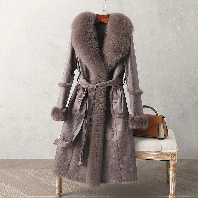 2023 Winter New Rabbit Fur doublefaceleather Coat Women\'s Super Large Fox Fur Collar Medium Long Fur Coat Rabbit Fur Inner Liner