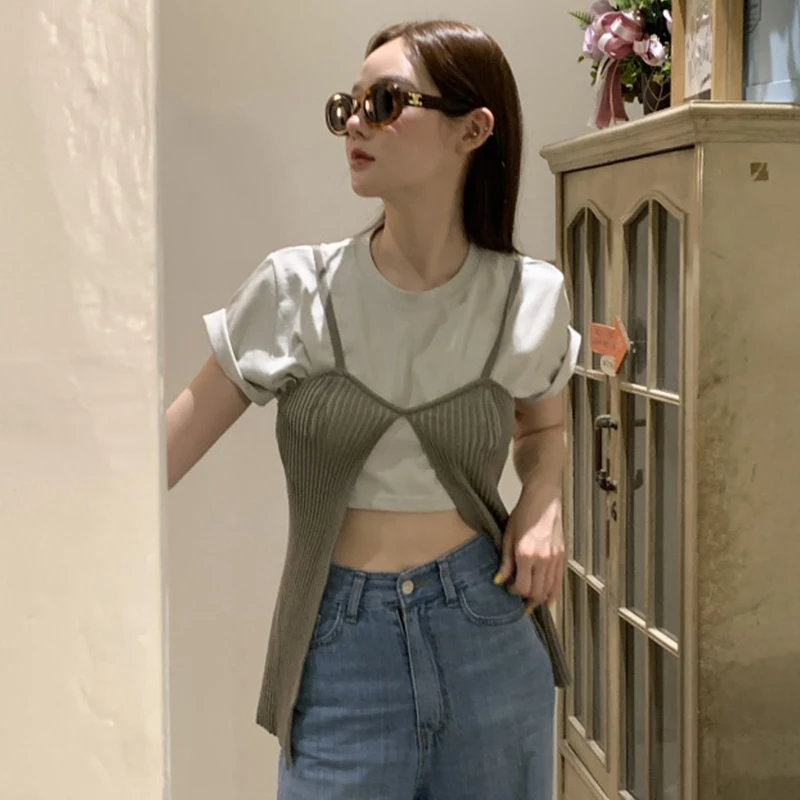 Coreano Chic Estate Nuovo Sle Colore puro ort T-shirt lavorata a maglia Cinturino diviso Gilet Set Faion da donna Casual Misto cotone Outfit