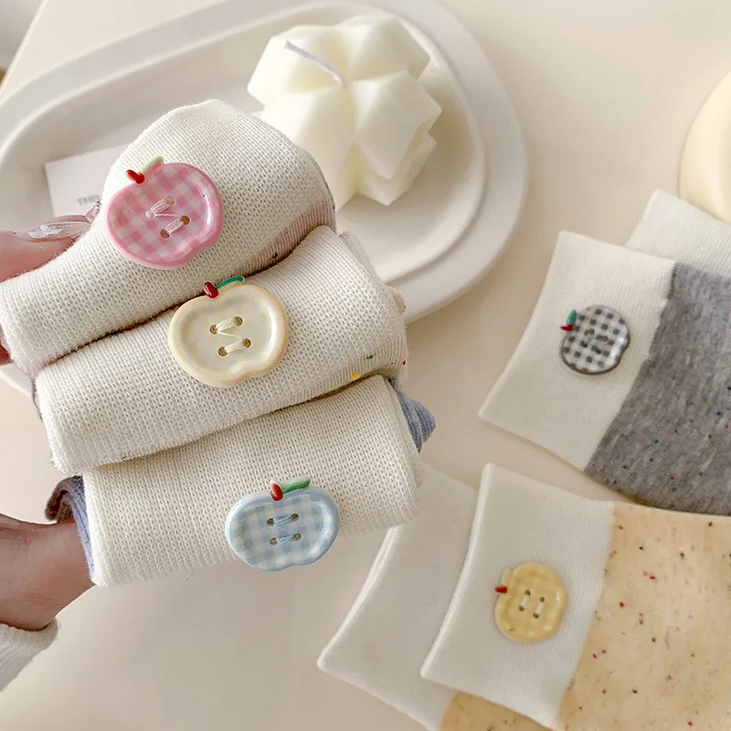 

5 Pairs Women's Socks Comfortable High Quality Cotton Sock Set Korean Apple Button Color Blocked Simple Versatile Mid Tube Socks