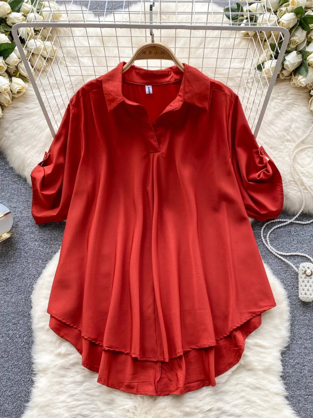 

Ele Bubble Sve irt Women's Loose Fit Turn-down Collar Slimming Design Korean Sle Polyester Fiber ort Sve Top