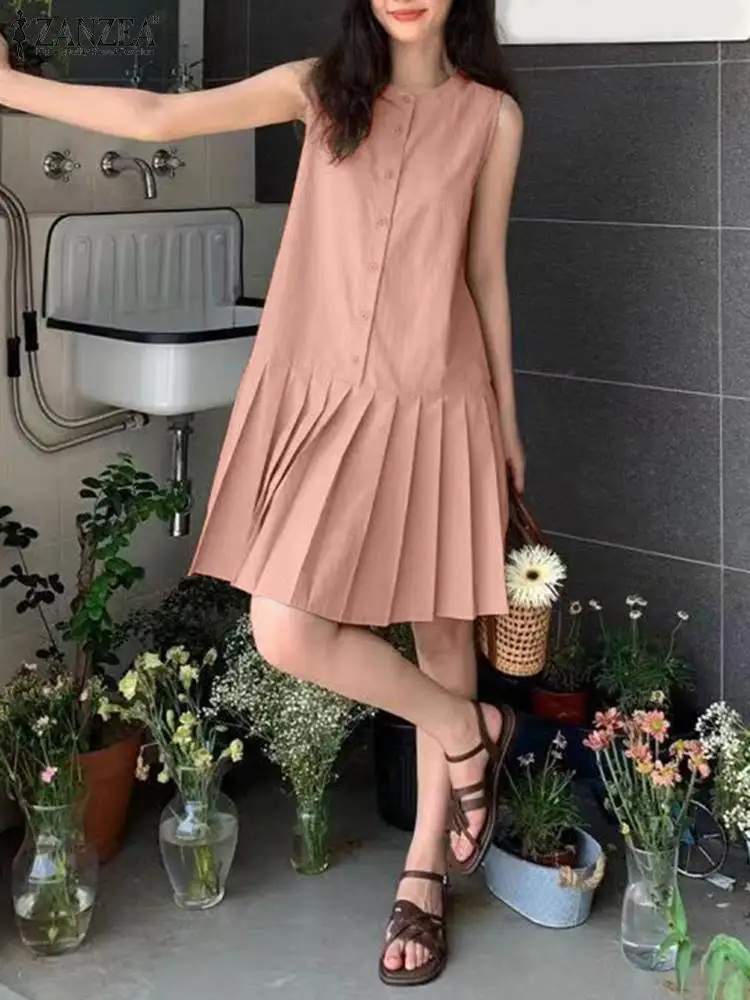 ZANZEA Fashion Pleating Buttons Mini Robe Women Solid Tank Sundress 2024 Summer Sleeveless Dress Casual Loose Beach O-Neck Dress