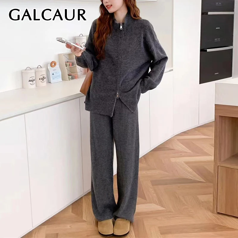 GALCAUR Solid Two Piece Set For Women Stand Collar Long Sleeve Spliced Zipper High Waist Wide Pant Casual Knittedsuit Female New