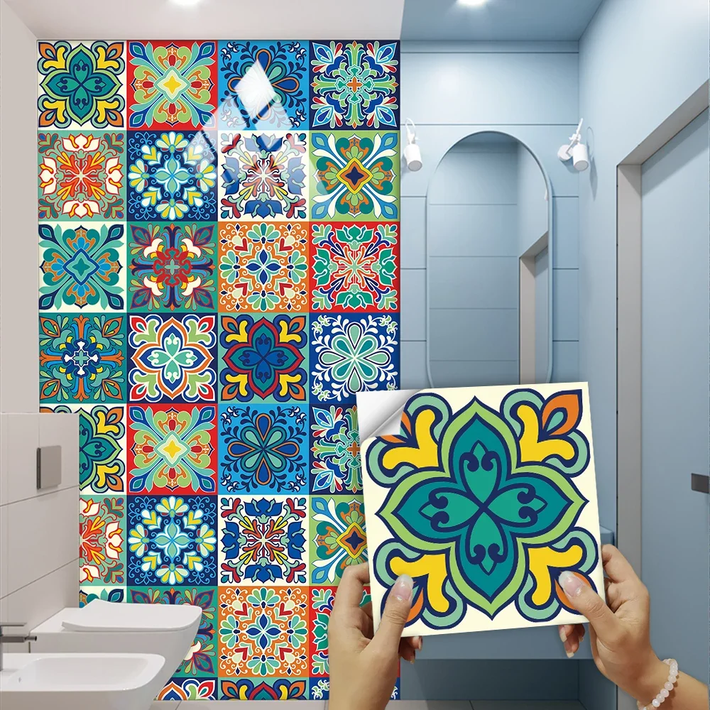 16pcs/set Colorful Mandala Style Tiles Wall Sticker Kitchen Backsplash Bathroom Art Mural Home Decor Peel & Stick Wall Decals