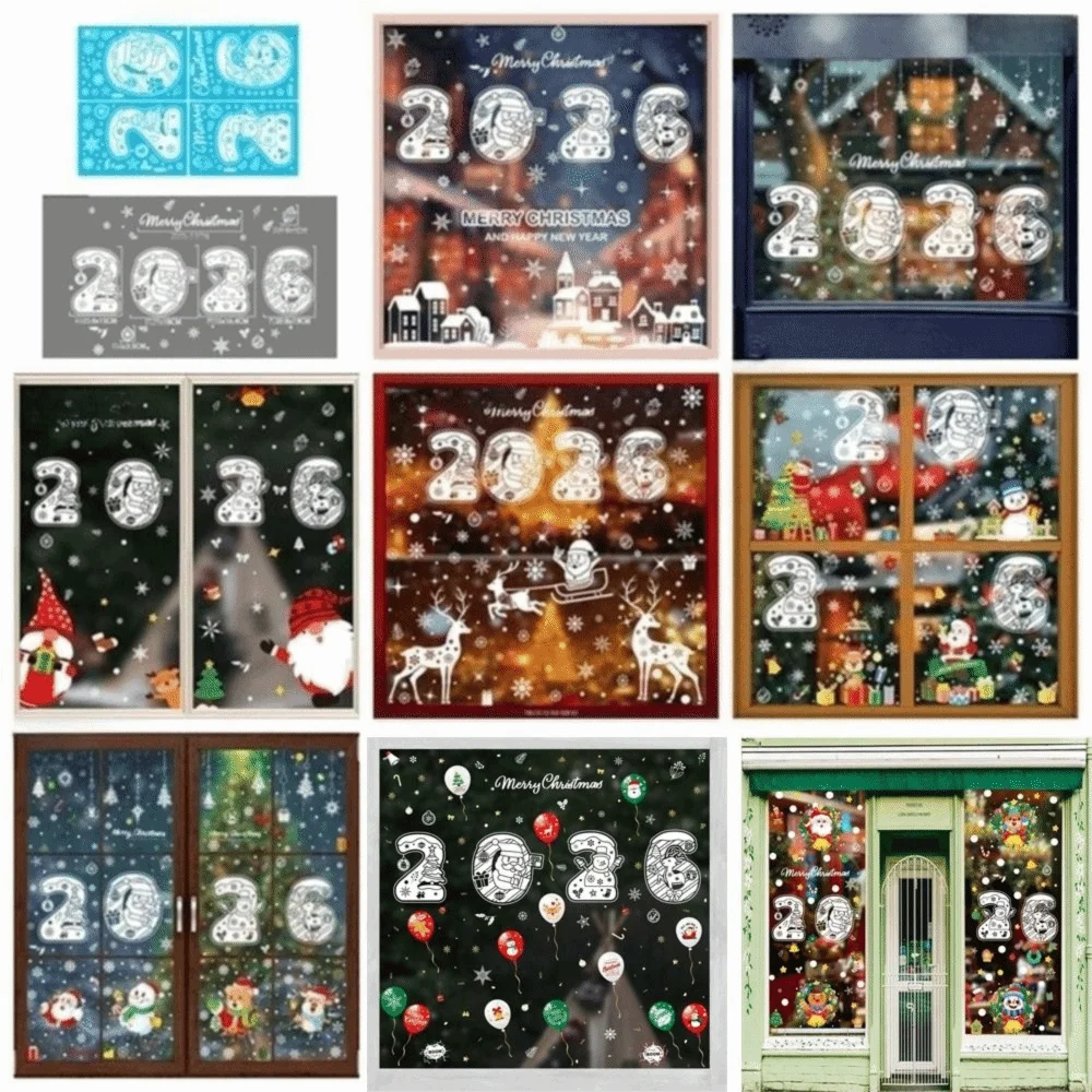 2026 عيد الميلاد نافذة ملصق سانتا كلوز نمط ندفة الثلج عزر مهرجان ملصق حفلة السنة الجديدة تصميم الأيائل ثلج