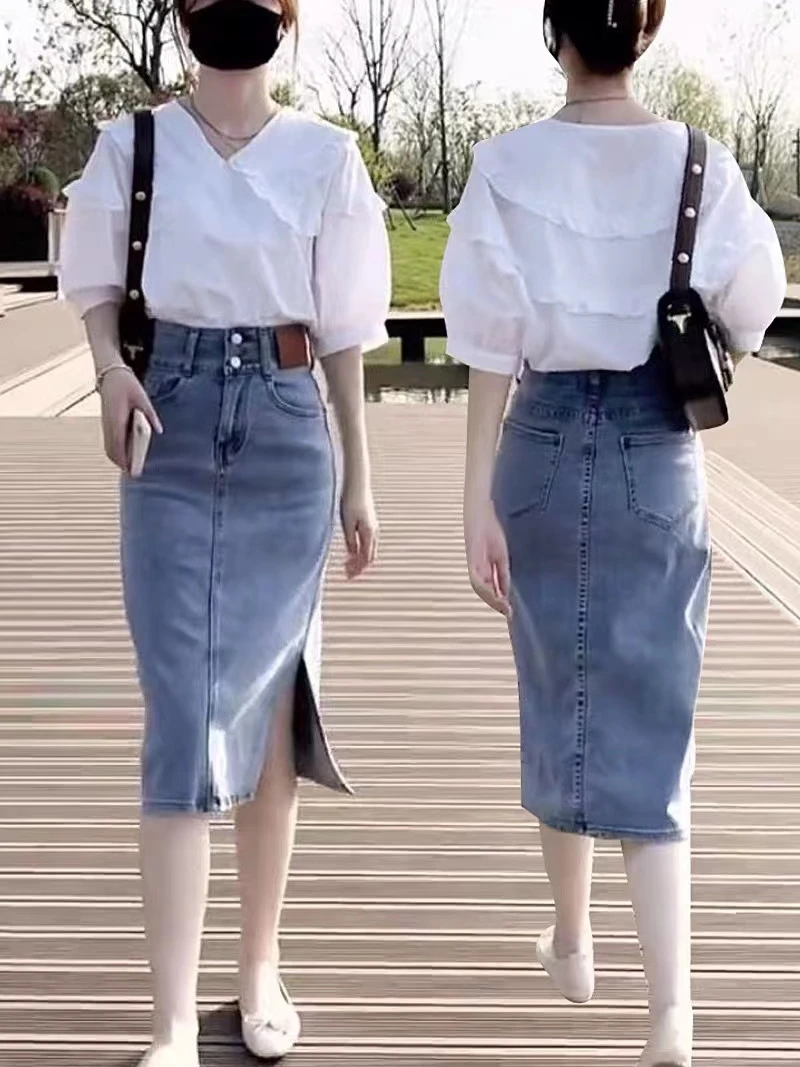

White Cotton Blouse And Denim Skirt Set Women's Fashionable Doll Collar Two-Piece Suit Summer Trend 2023 Cotton Blend