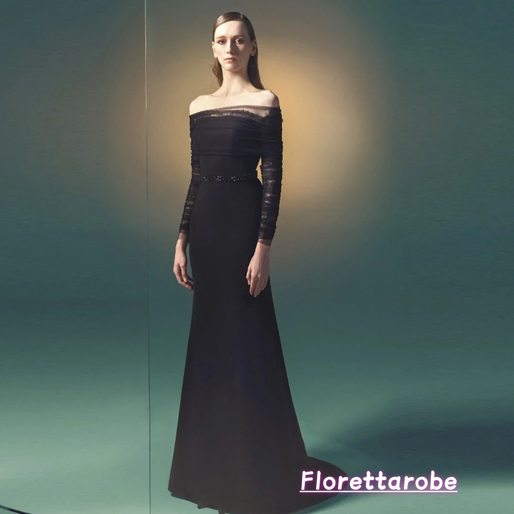 

Florettarobe Fashion Black Evening Dress Off The Shoulder Long Sleeves Lace Beading Floor Length Arabian Prom Dresses Customized