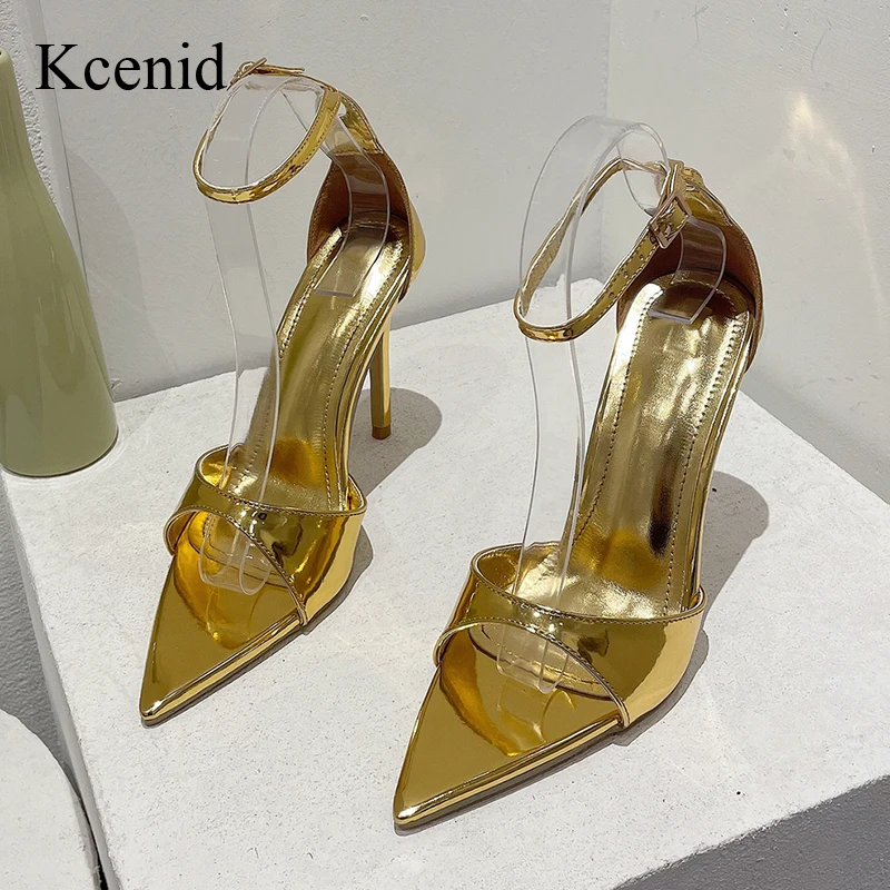 

Kcenid Sexy Pointed Toe Stiletto Sandals Golden Patent Leather Summer Shoes Women Party Stripper Heels Sandalias Mujer