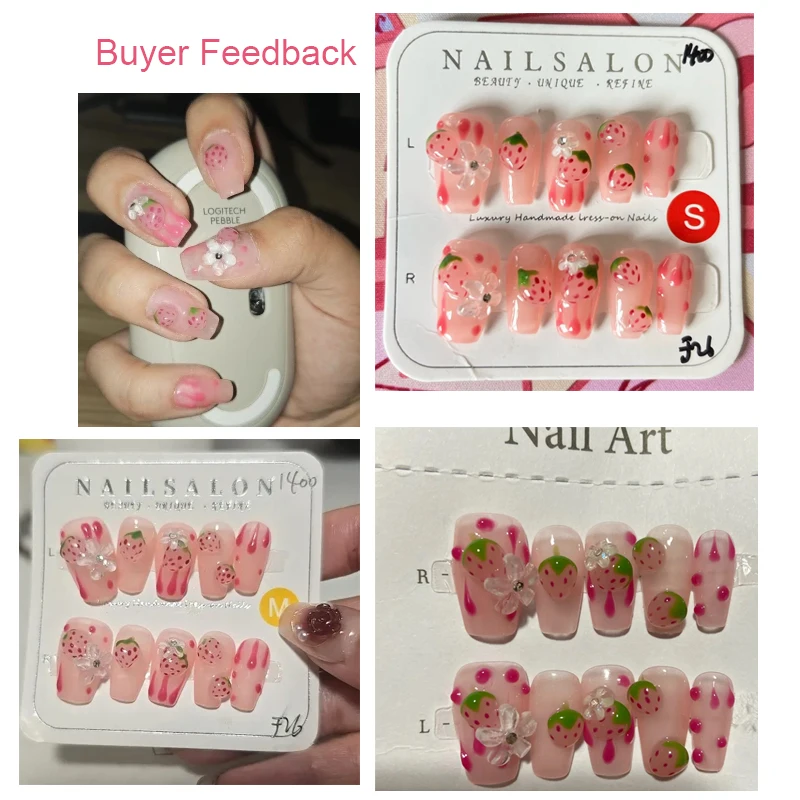 Uñas postizas hechas a mano para mujer, uñas postizas con diseño de fresa Rosa 3D, decoración de uñas de manicura coreana, 10 piezas