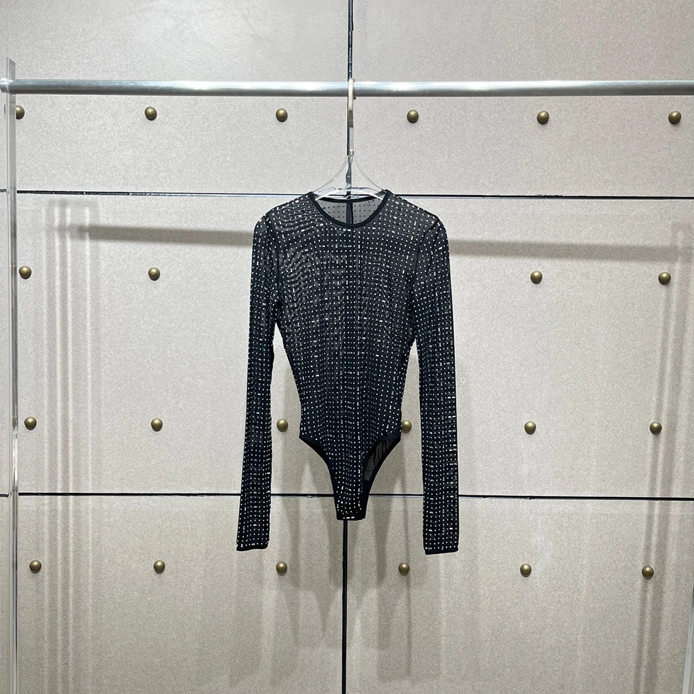 

Geometric Shape Hot Rhinestone Women's T-shirt Y2k Sexy See-through Round Neck Long Sleeve Bodysuit Tops 2025 Early Spring New