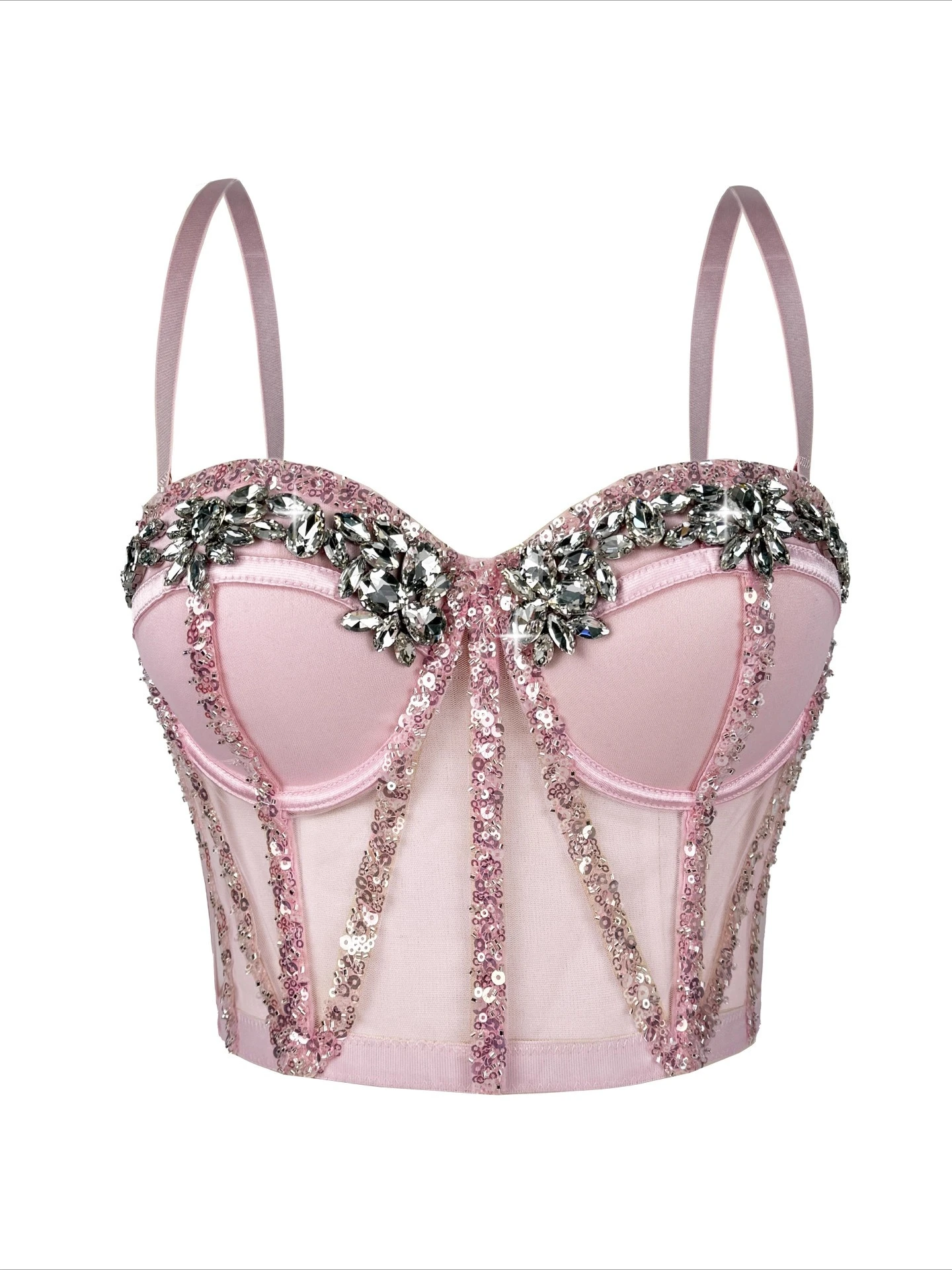 

SsTss Women's Stage Performance Mesh Boned Corset Top Luxury Rhinestone Detail Sequins Sparkly Tight Fit Crop Bustier Camis Top