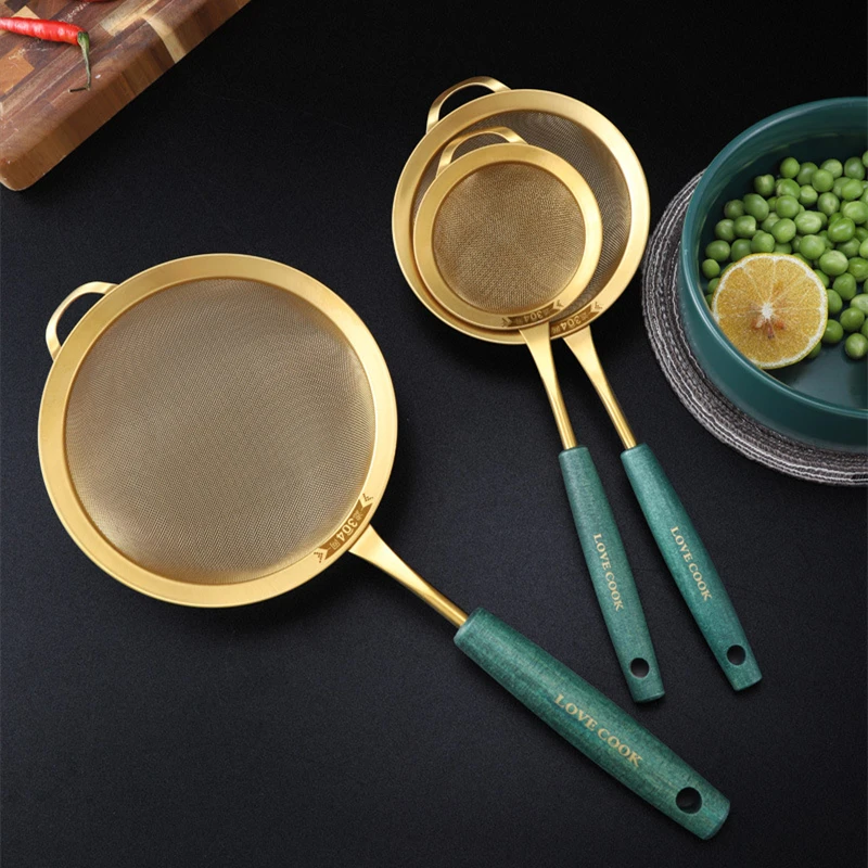 304 Stainless Steel Kitchen Strainer with Green Handle Golden Juice Flour Sieve Fried Food Skimmer Fine Mesh Filter Colander