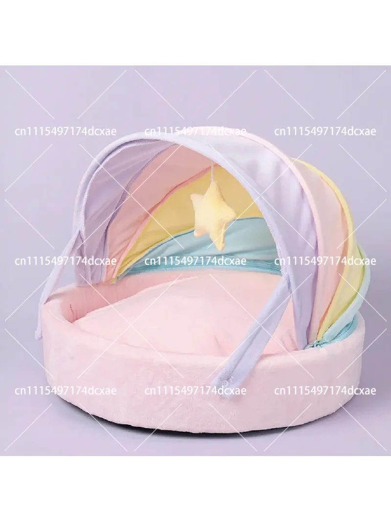 Rainbow Semi-Enclosed Pet Bed Soft All-Season Cushion House for Cats & Small Dogs