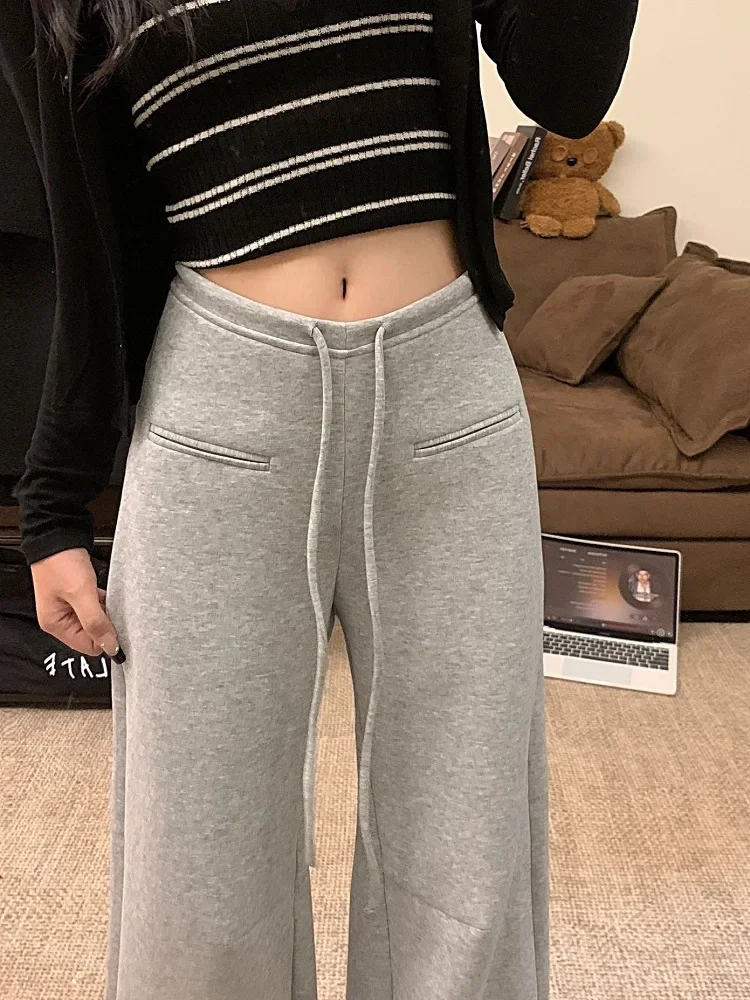 ADAgirl Grey Straight Sweatpants Women Sporty Chic Drawstring Wide Leg Joggers Casual Oversize Streetwear Baggy High Wasit Pants