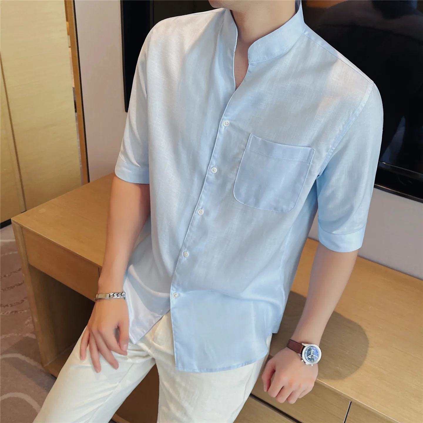 Men's Premium Linen Blend Mandarin Collar Shirt – 7A Antibacterial, Breathable & Cool-Touch Short Sleeve Button-Up