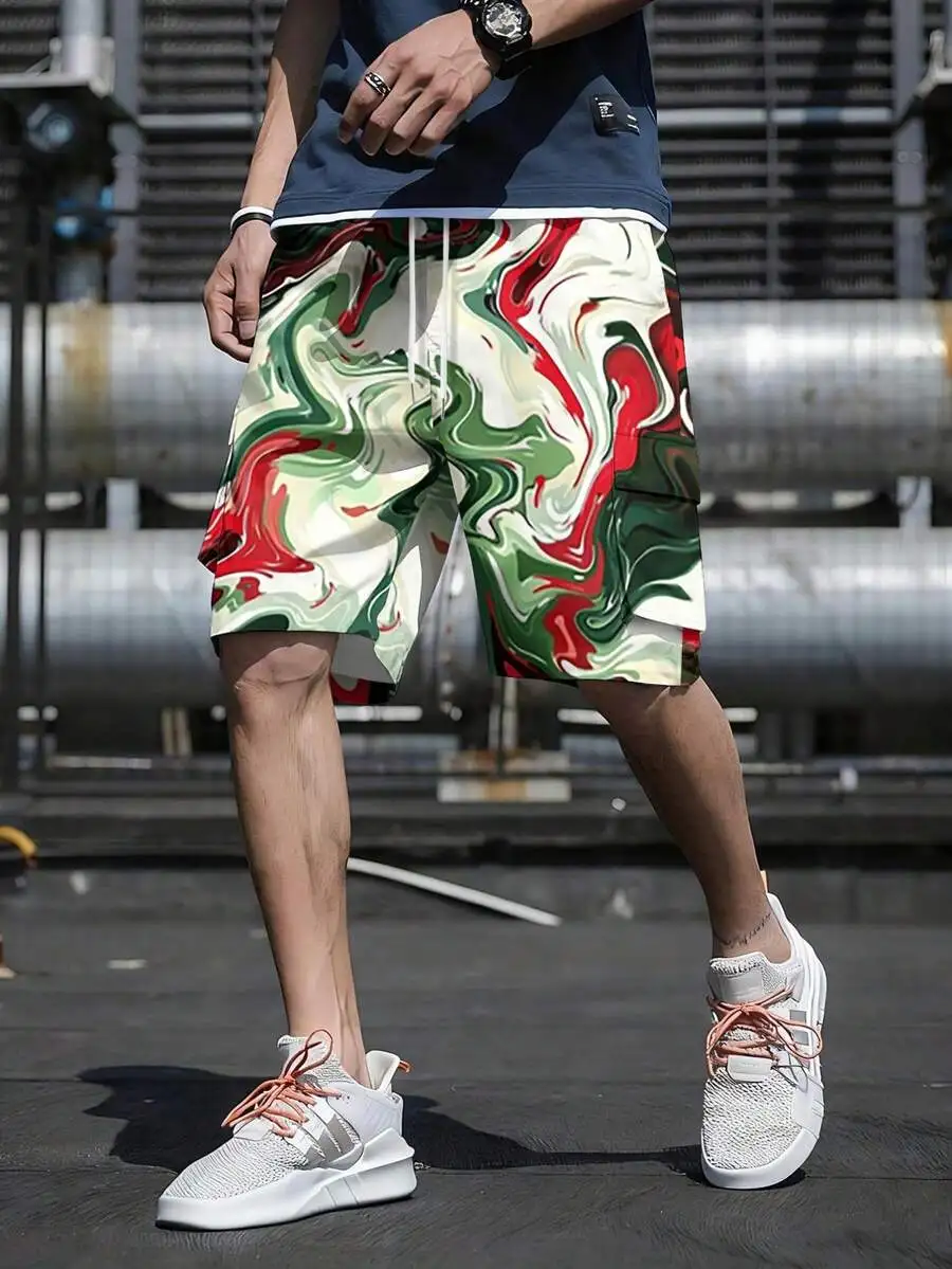 

Mens Streetwear Cargo Shorts Knee Length Loose Fit Drawstring Pockets Casual