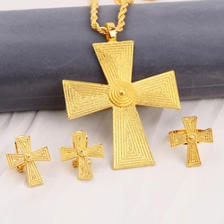 4pc pack Golden Cross Ethiopian Necklace Earrings Rings African Party  Jewelry Set Women Girls Eritrean Habesha Accessories