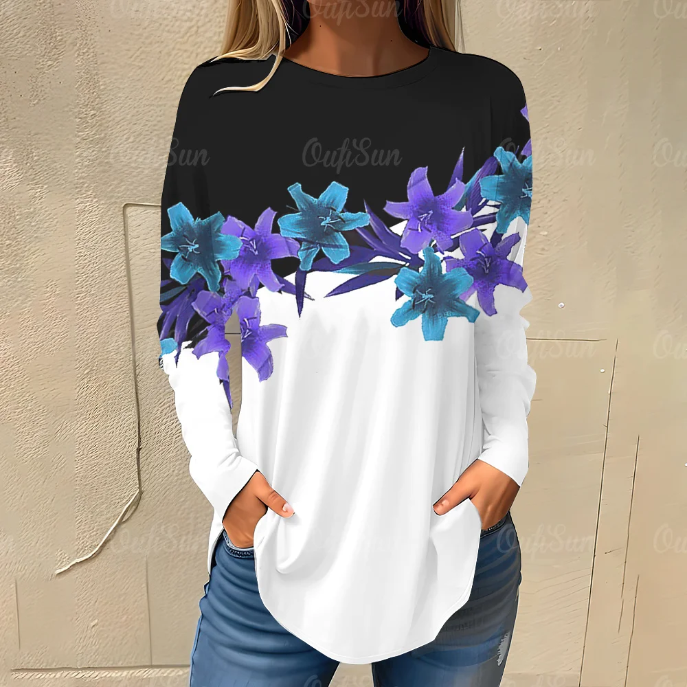 Womens Fashion Floral T-Shirt Black White Long Sleeve Shirt Loose Casual Streetwear Tops Trendy Ladies Fashion Rules Print Tops