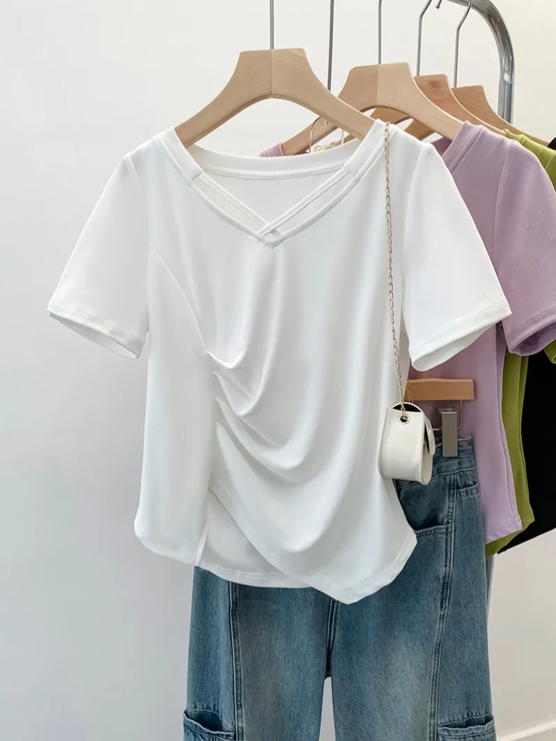 Top de talla grande para mujer, camiseta de manga corta Irregular, arrugada, con cuello en V, diseño francés, tiro Real, 2024