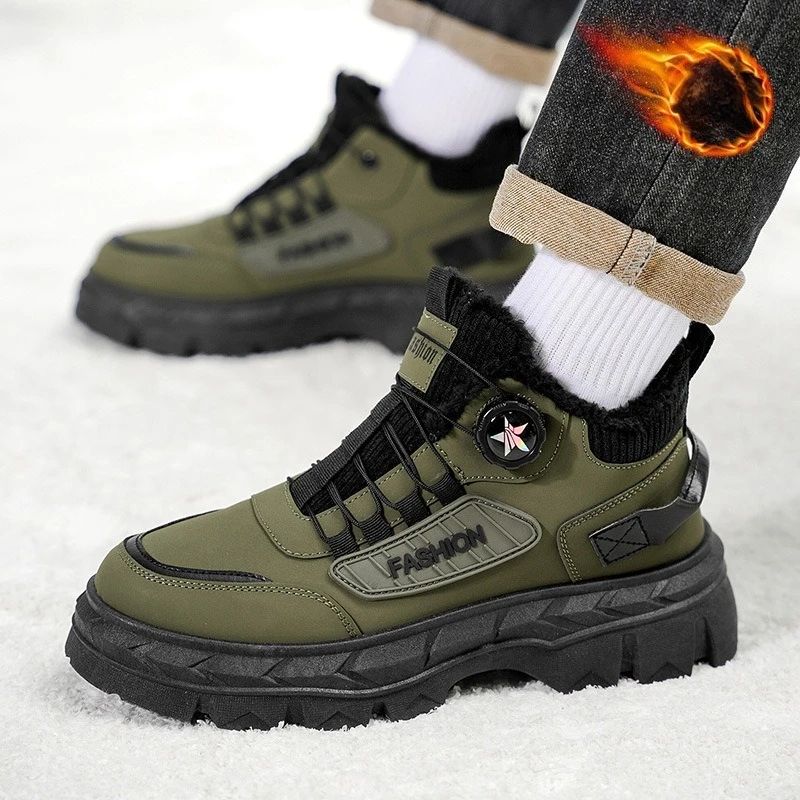 Fashion winter keep warm men's cotton boots rotating button high top comfortable male sports shoes outdoor work casual shoes
