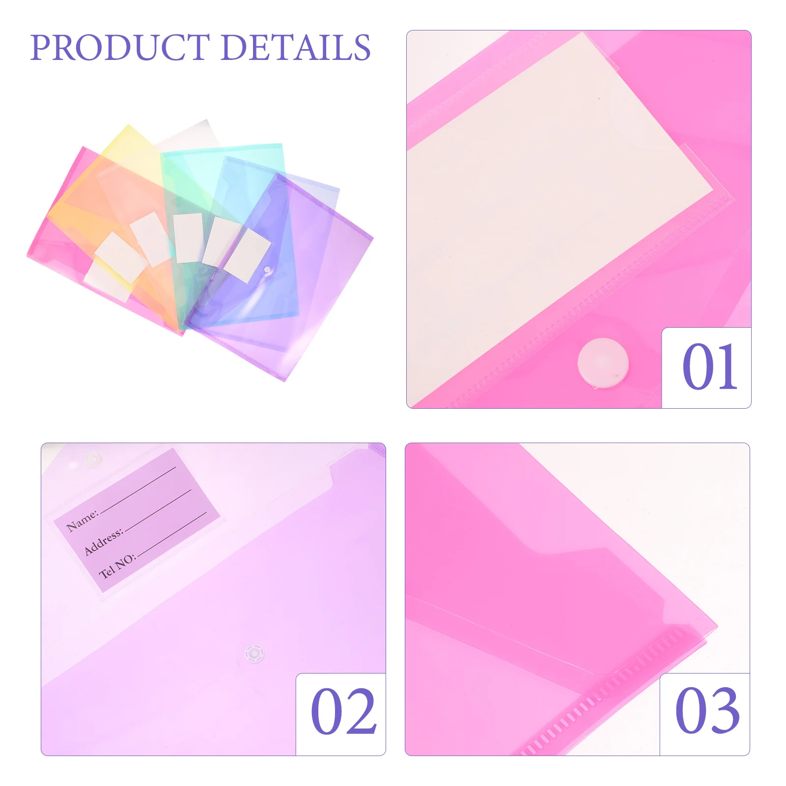 

6Pcs Transparent Document Bags PP File Folders Snap Button Design Practical File Organizer for Office School Document
