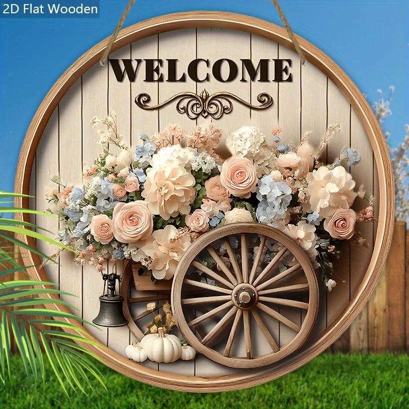 2D Flat, 2D Flat Two Wheeled Cart Flower Basket Wooden Sign - 1pc Welcome Literary Round Sign for Door Wall Porch Hanging Decor