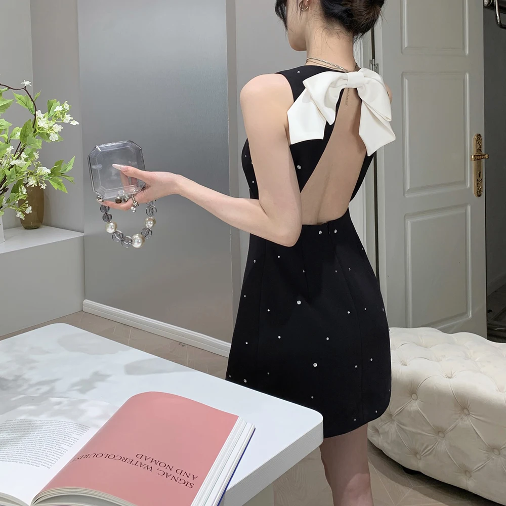 Women's Rhinestone Embellished Backless Dress, Round Neck, Sleeveless, Sexy, Detachable Bow, Commuter, Hundred, Summer, 2024