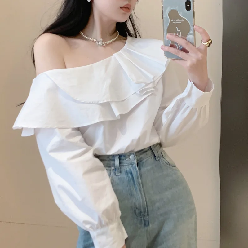 New Long Sleeve Women Blouse Ruffle White  Lantern Sleeve Tops Off Shoulder Sexy Shirt Elegant Cotton Clothing