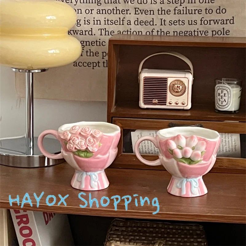 

3D Handmade Engraving Rose Flowe Cup , Tulip Relief Valentine's Day Romantic Cup Gift,Breakfast, Dessert Bowl, Kitchen Tableware