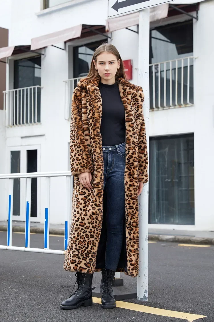 2024 High Street Leopard Print Long Faux Fur Coat Fuzzy Jacket for Women Winter Faux Rabbit Fur Plush Coats and Jackets Coat Fur