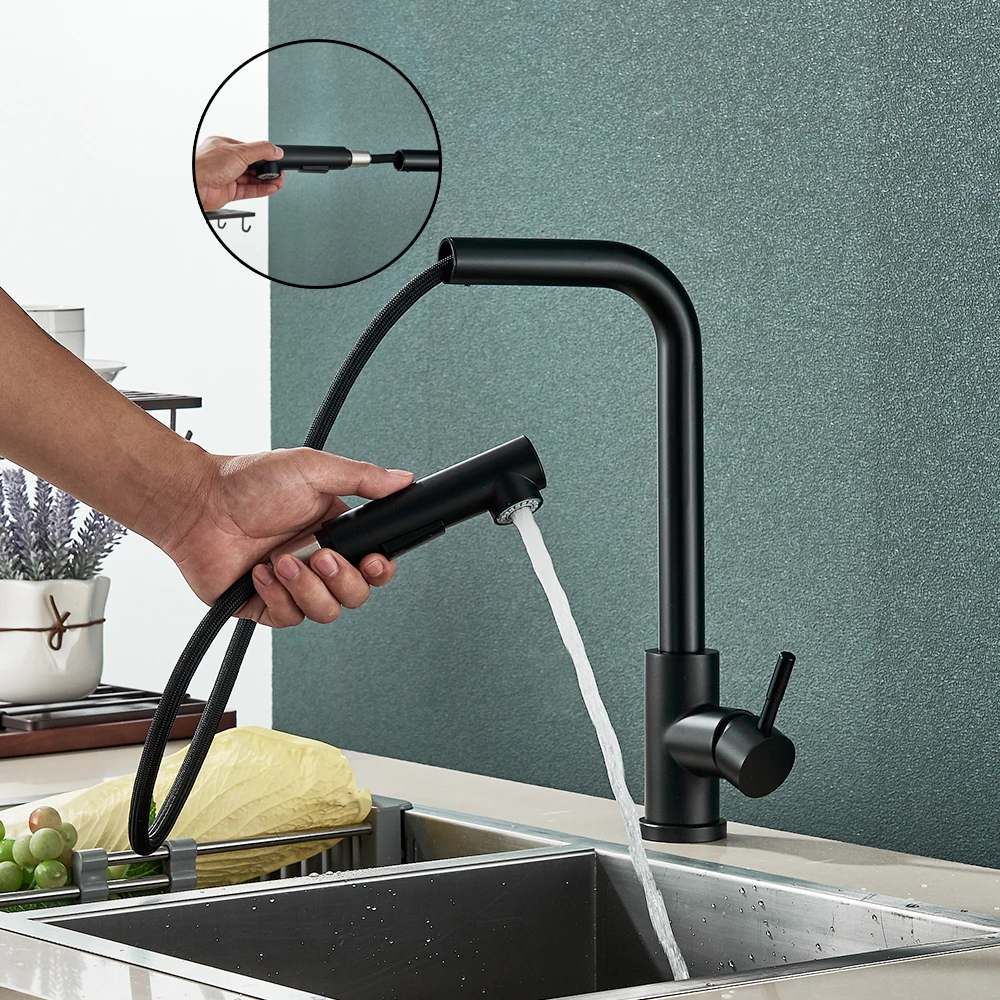 durable model Black Pull Out Kitchen Sink Faucet Two Model Stream Sprayer Nozzle Stainless Steel Hot Cold Wate Mixer Tap Deck