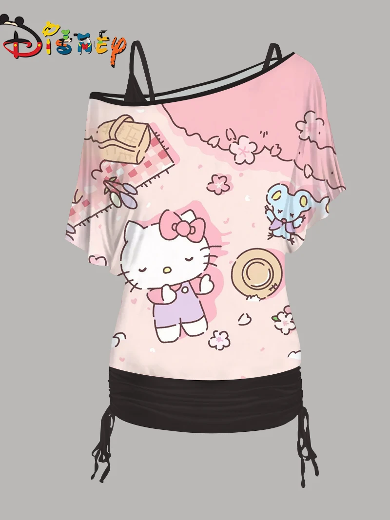 Conjunto de Top y minifalda de manga de un hombro para mujer, vestido de Hello Kitty, camiseta de Disney, conjunto de dos piezas, Sexy y elegante