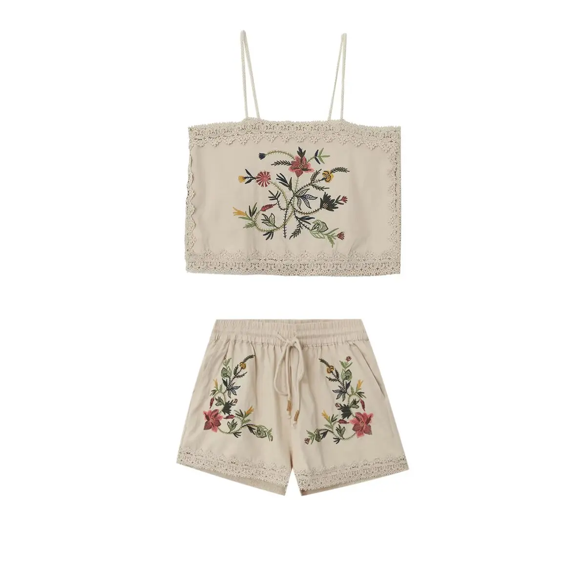 

UNIZERA Women's Retro Sexy Flower Embroidered Strap Top Embroidered Casual Shorts Summer New Top