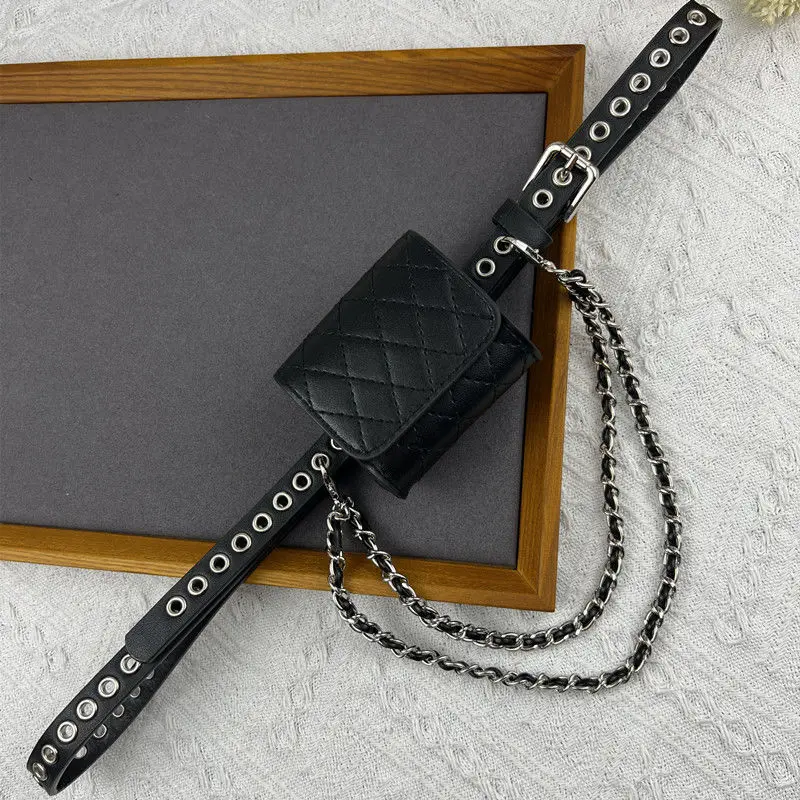 Fashion Motorcycle Punk Style Chain Waist Pack Female Small Square Crossbody Bag Belt Mobile Phone Purse Women PU Fanny Packs