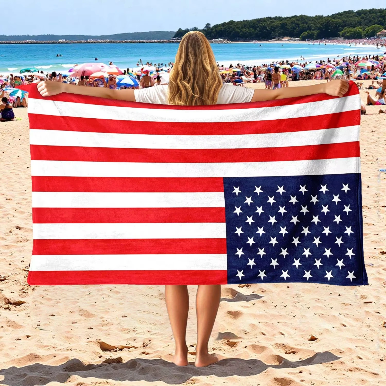 Summer beach vacation beach towel with American flag, quick drying, soft and absorbent,  ultra-fine fiber,  swimming gift