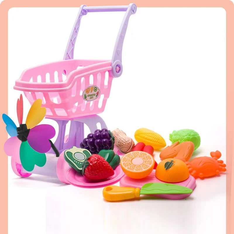 Pink Shopping Trolley Cart Supermarket Trolley Push Car Toys Basket Mini Simulation Fruit Food Pretend Play Toy for Children