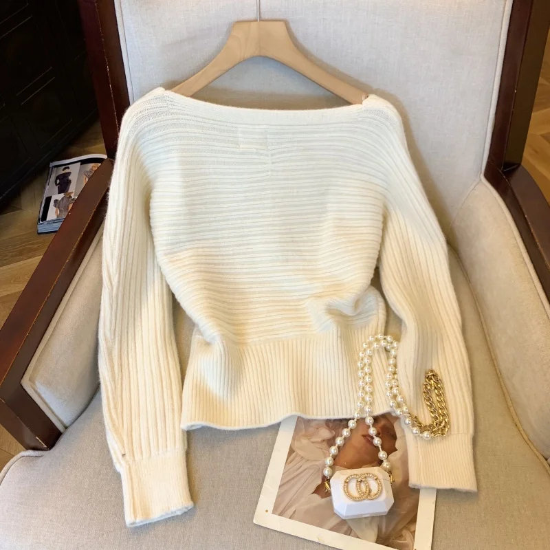 여성 오렌지 브이넥 풀오버 모헤어 스웨터 빈티지 한국 스타일 점퍼 니트 긴 소매 캐시미어 스웨터 2000년대 의류 봄