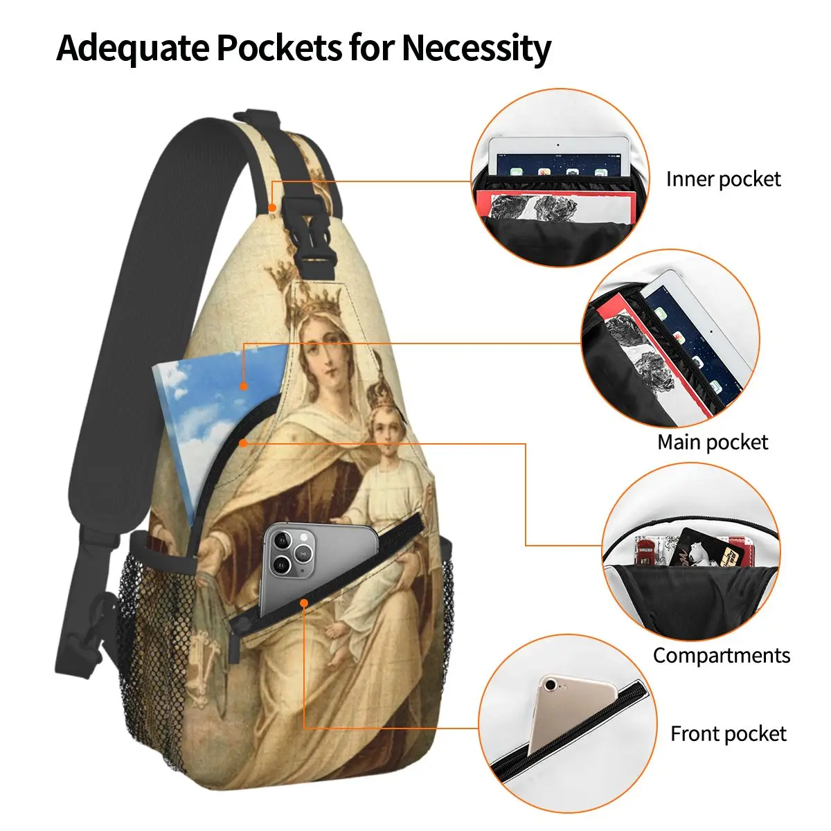 The Virgin Mary Holding The Baby Pattern Chest Bag Men Sling Crossbody Backpack Chest Bag Traveling Hiking Daypack Shoulder Bag