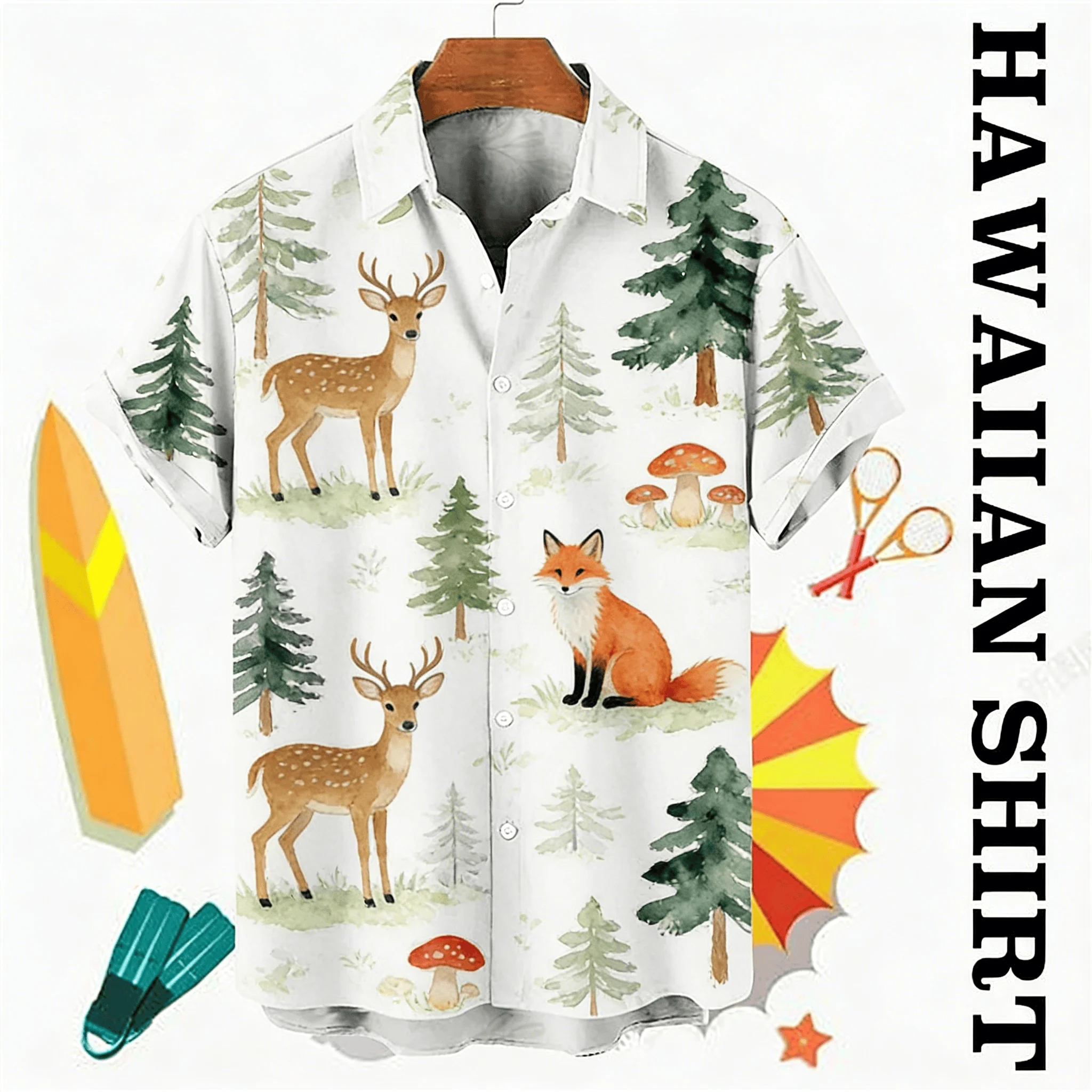

Men's Watercolor Forest Animal Print Short Sleeve Shirt, Deer Fox & Pine Tree Pattern Button Down for Spring Summer Casual