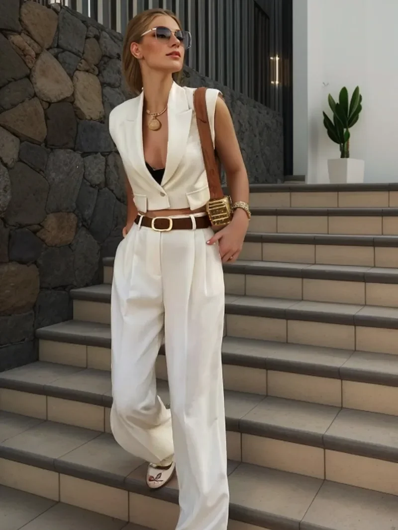 Autumn Office Two-piece sets 2024 Women Suit Collar Vest Sets Female Sleeveless Slim One Button Tanks Female Pleated Pants Suits