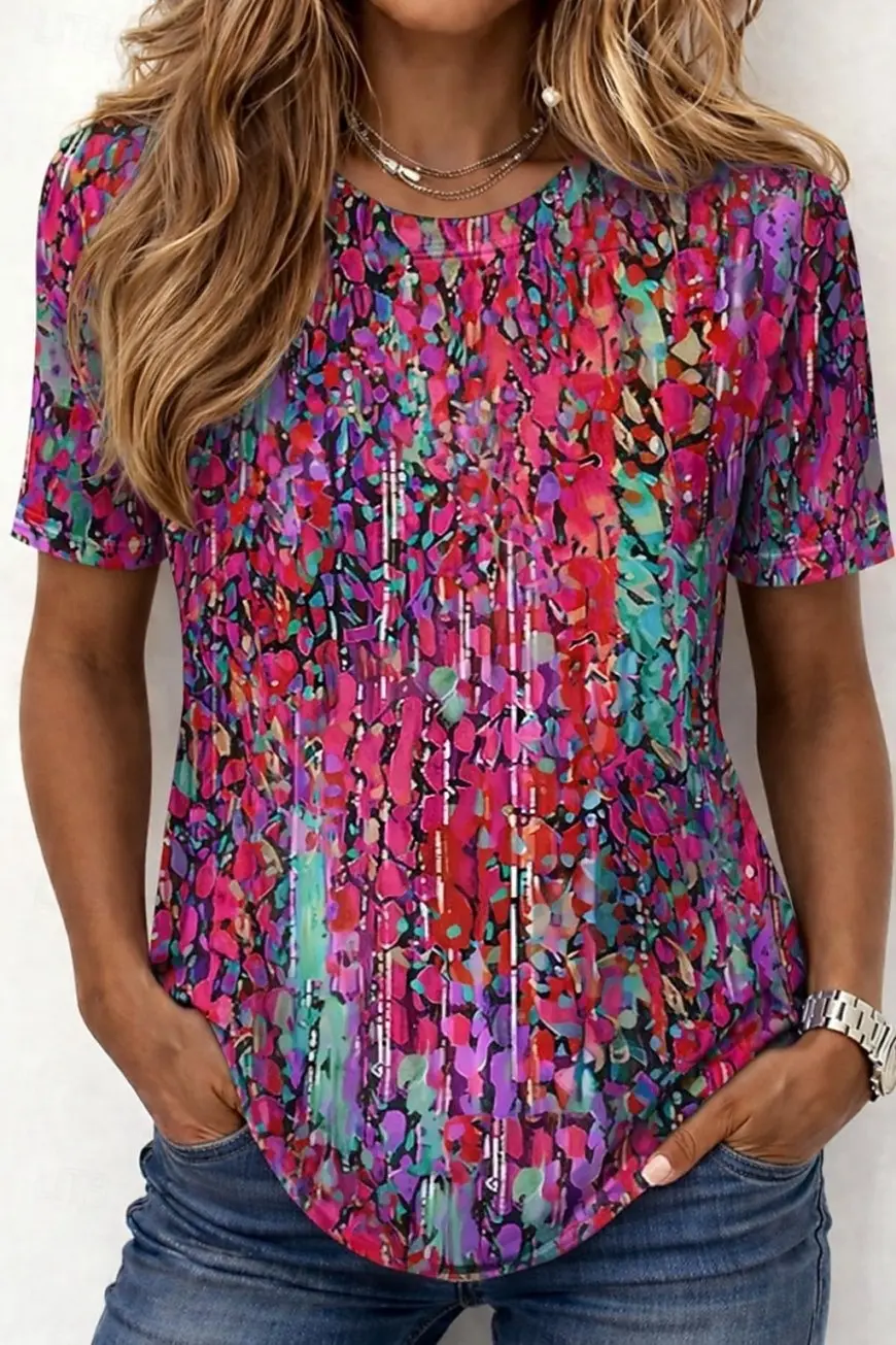 Women's Plants Floral Graphic T-Shirt, Round Neck Short Sleeve Casual Tops, Modern Daily Sports Wear for Spring & Summer