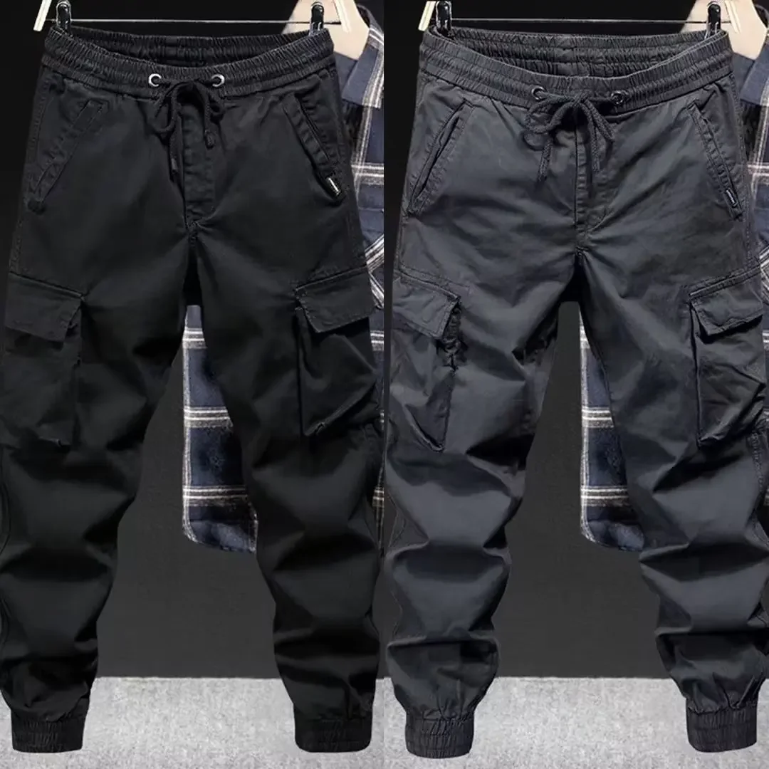 Male Drawstring Elastic Waist Cargo Jogger Pants Loose Multi‑Pocket Solid Color Trousers Outdoor Casual Long Pants Spring Autumn