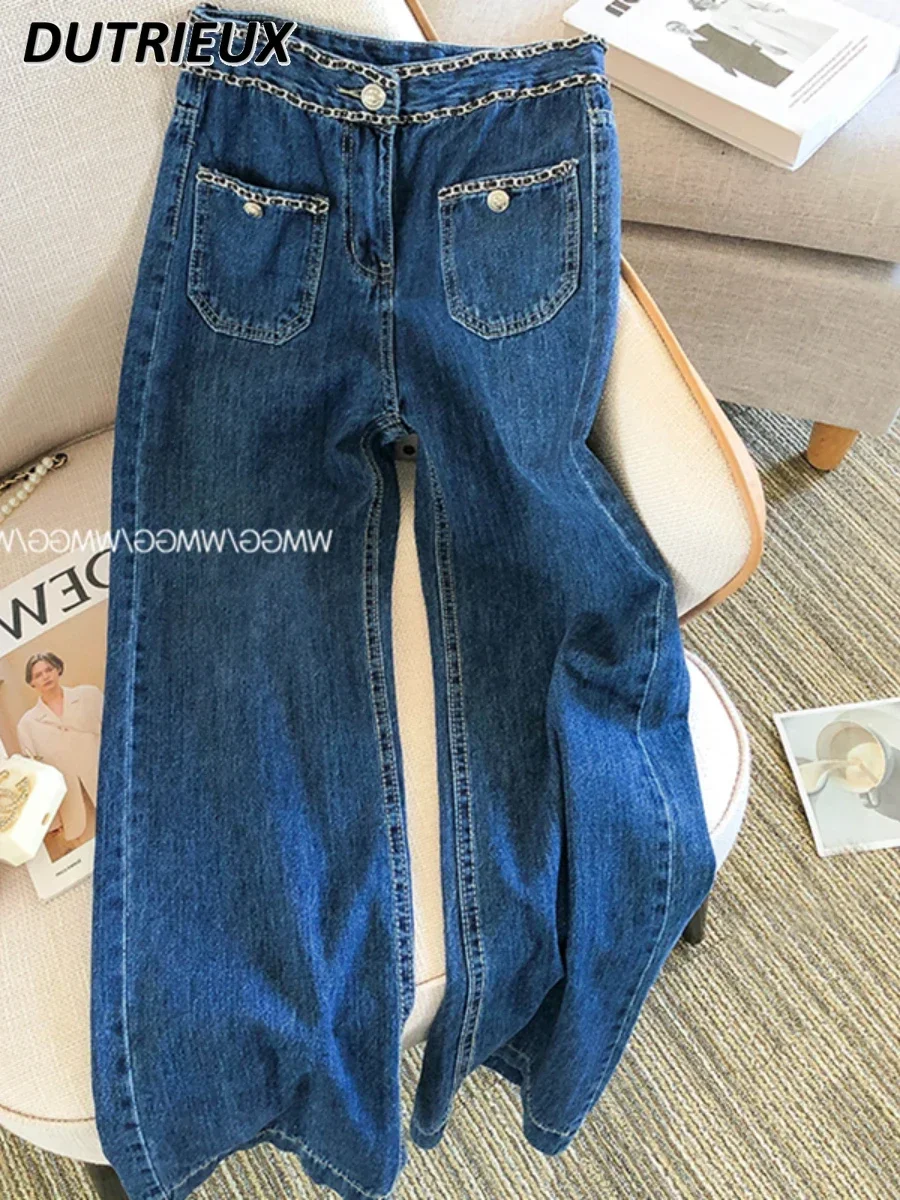 Heavy Industry Chain Decoration Loose Baggy Jeans Women's High Waist Casual Cotton Stretch Denim Pants 2023 Autumn New Trousers