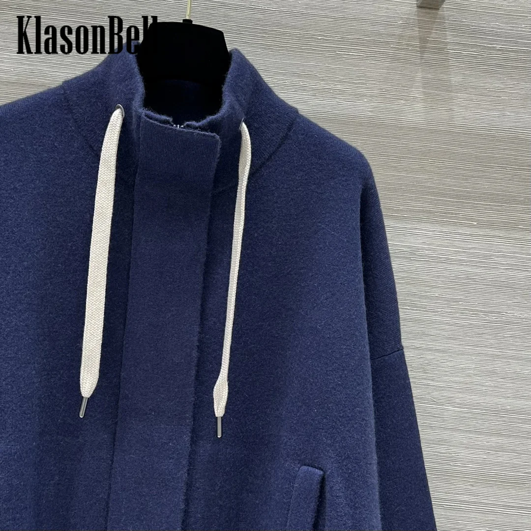 9.1 KlasonBell Women Stand Collar Drawstring Decoration Double Pocket Elastic Hem Cashmere Wool Knit Zipper Cardigan With Vest