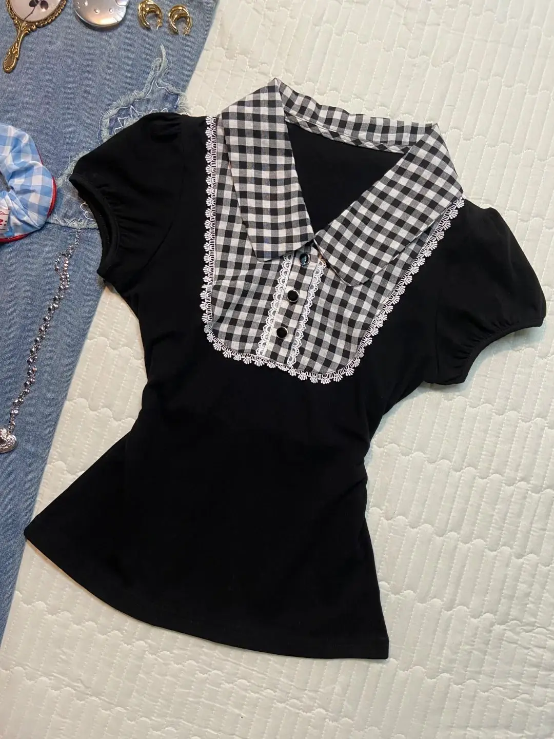 French Vintage Women Fake Two‑Piece Short Sleeve Top 2026 Korean Fashion Turn‑Down Collar Y2K Crop Top Office Lady Blouse Tee