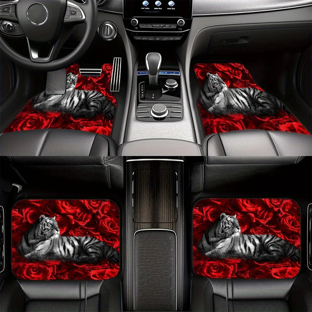 4pcs Rose Tiger Print Car Floor Mats - Durable Polyester, Fit For Most Cars, Sedans, SUVs, Vans, Front & Rear Protector Floor Pa
