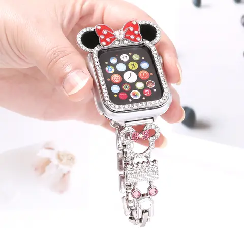 Apple Watch 시리즈 9 8 7 라인 석 여성용 보호 케이스 패션 귀여운 만화 동물 프레임 커버 iWatch 시리즈 41mm 45mm