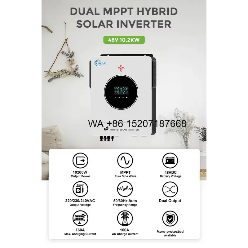 Wmwmnu for Zumax 10KW Single Phase On Off Grid Dual Output 6.2kw 8.2kw 10.2kw Pure Sine Wave Hybrid Inverter with MPPT 160A