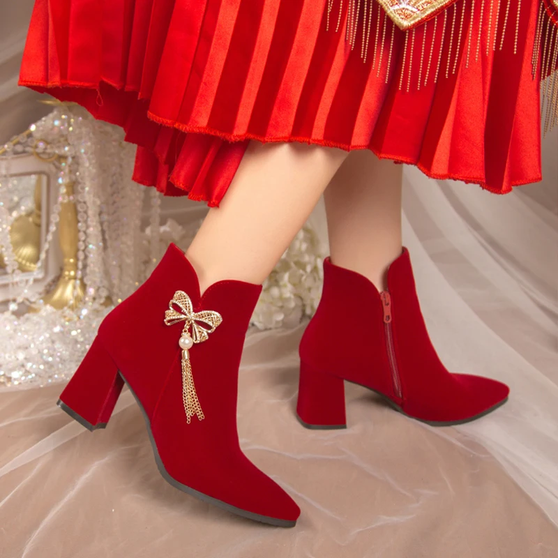 

NEW Boots Flat Platform Women's Low Shoes Zipper Winter Footwear Clogs Ankle High Heel Pointy Rubber Red Ladies 2024 Pointed Toe